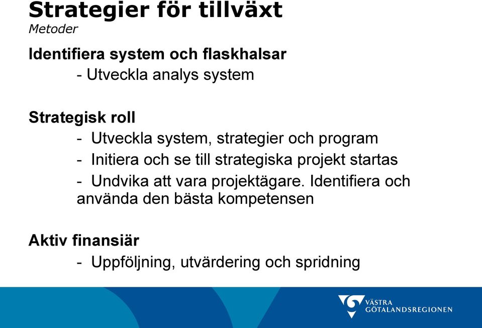 och se till strategiska projekt startas - Undvika att vara projektägare.