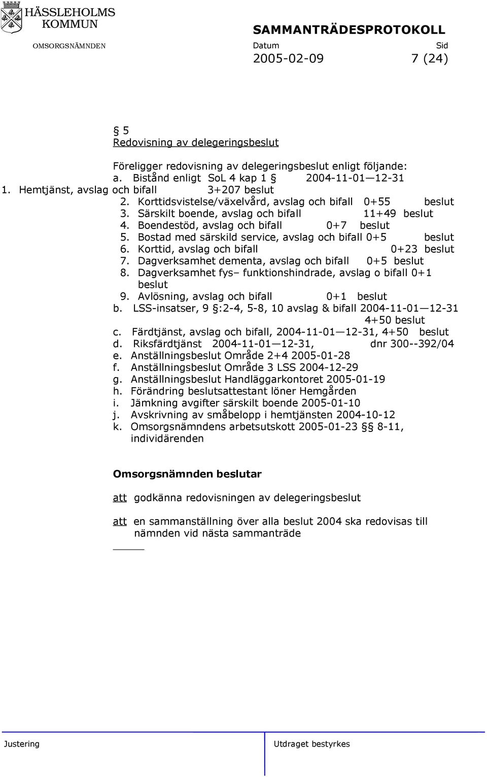 Bostad med särskild service, avslag och bifall 0+5 beslut 6. Korttid, avslag och bifall 0+23 beslut 7. Dagverksamhet dementa, avslag och bifall 0+5 beslut 8.