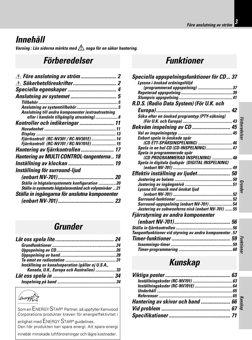 ..8 Kontroller och indikeringar... Huvudenhet... Display...3 Fjärrkontroll (RC-NV30 / RC-NV30E)...4 Fjärrkontroll (RC-NV70 / RC-NV70E)...5 Hantering av fjärrkontrollen... 7 Hantering av -tangenterna.