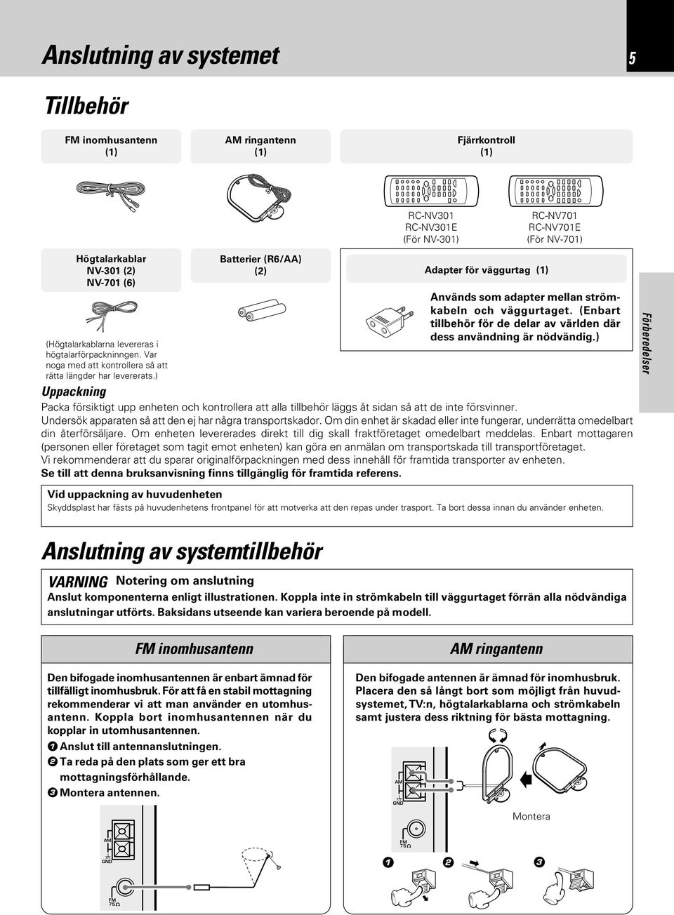 ) Batterier (R6/AA) (2) Adapter för väggurtag () Används som adapter mellan strömkabeln och väggurtaget. (Enbart tillbehör för de delar av världen där dess användning är nödvändig.