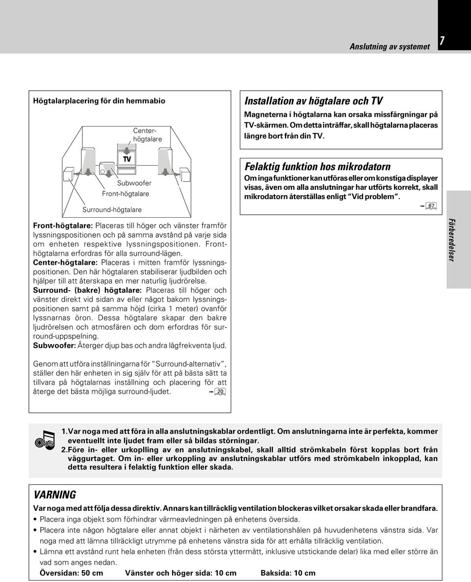 Subwoofer Front-högtalare Surround-högtalare Felaktig funktion hos mikrodatorn Om inga funktioner kan utföras eller om konstiga displayer visas, även om alla anslutningar har utförts korrekt, skall