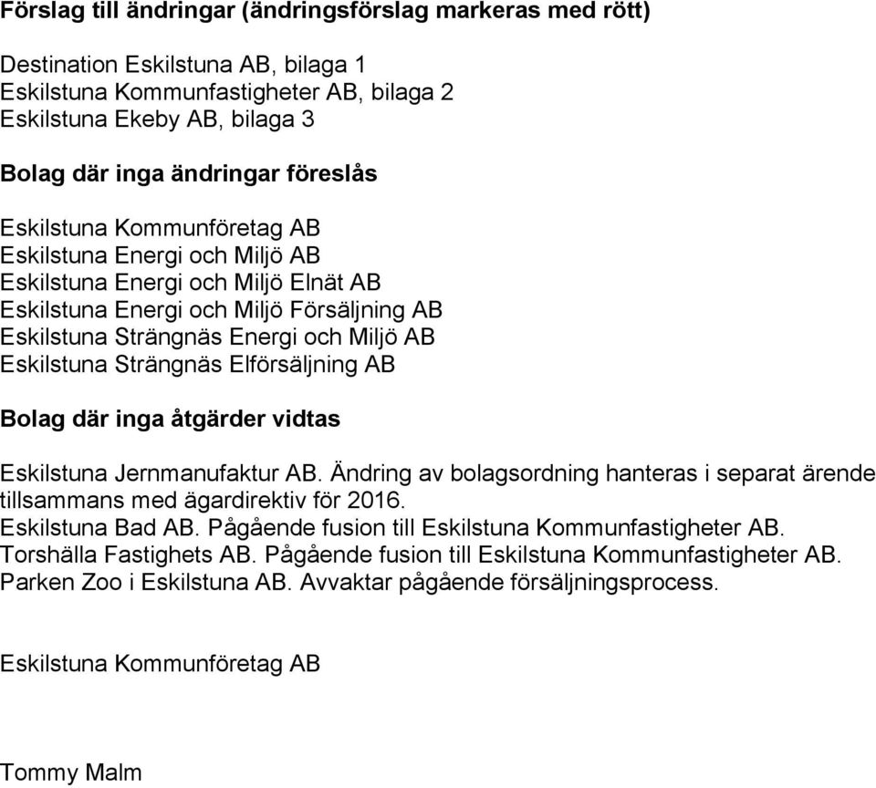 Strängnäs Elförsäljning AB Bolag där inga åtgärder vidtas Eskilstuna Jernmanufaktur AB. Ändring av bolagsordning hanteras i separat ärende tillsammans med ägardirektiv för 2016. Eskilstuna Bad AB.