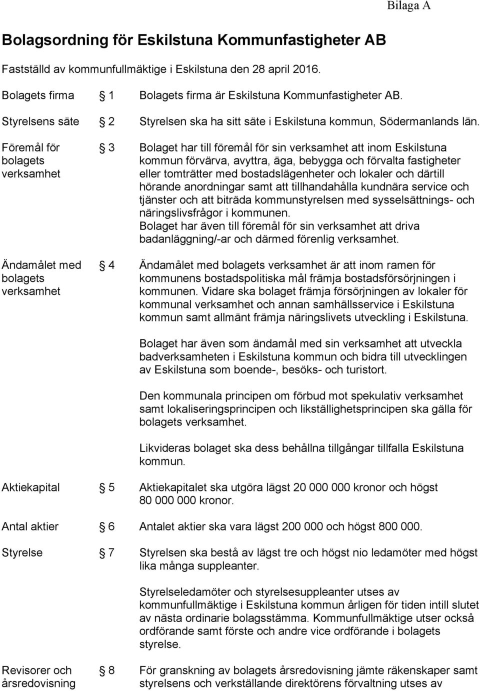 Föremål för bolagets verksamhet Ändamålet med bolagets verksamhet 3 Bolaget har till föremål för sin verksamhet att inom Eskilstuna kommun förvärva, avyttra, äga, bebygga och förvalta fastigheter