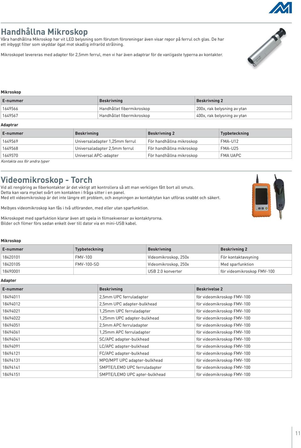 Mikroskop E-nummer Beskrivning Beskrivning 2 1649566 Handhållet fibermikroskop 200x, rak belysning av ytan 1649567 Handhållet fibermikroskop 400x, rak belysning av ytan Adaptrar E-nummer Beskrivning