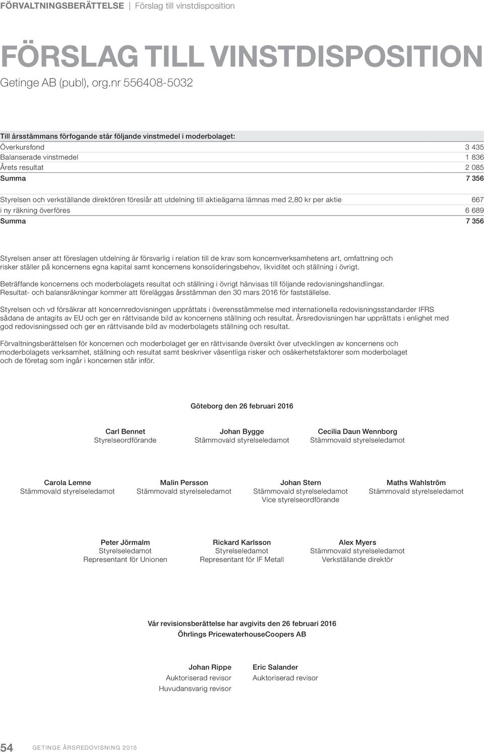 direktören föreslår att utdelning till aktieägarna lämnas med 2,80 kr per aktie 667 i ny räkning överföres 6 689 Summa 7 356 Styrelsen anser att föreslagen utdelning är försvarlig i relation till de