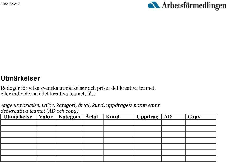 Ange utmärkelse, valör, kategori, årtal, kund, uppdragets namn samt det