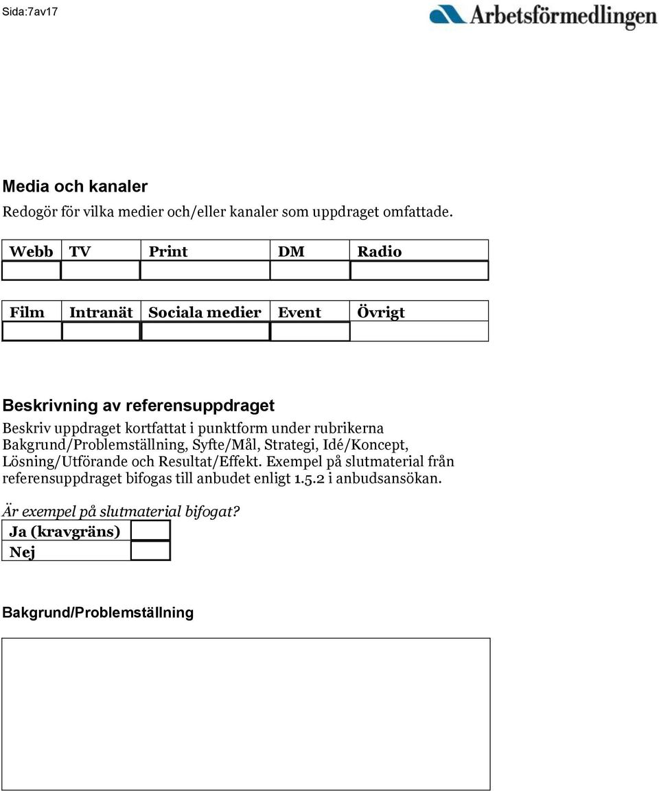 punktform under rubrikerna Bakgrund/Problemställning, Syfte/Mål, Strategi, Idé/Koncept, Lösning/Utförande och Resultat/Effekt.