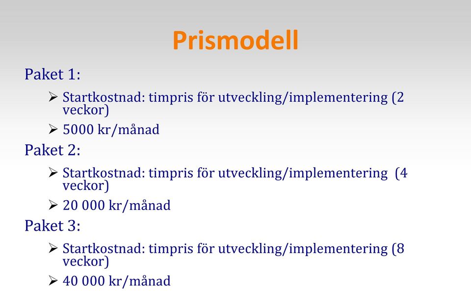 Startkostnad: timpris för utveckling/implementering (4 veckor) 20