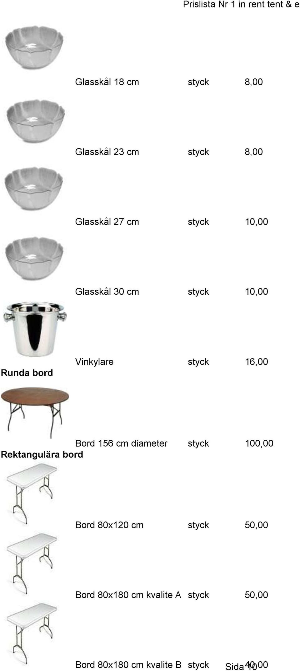 cm diameter styck 100,00 Rektangulära bord Bord 80x120 cm styck 50,00 Bord