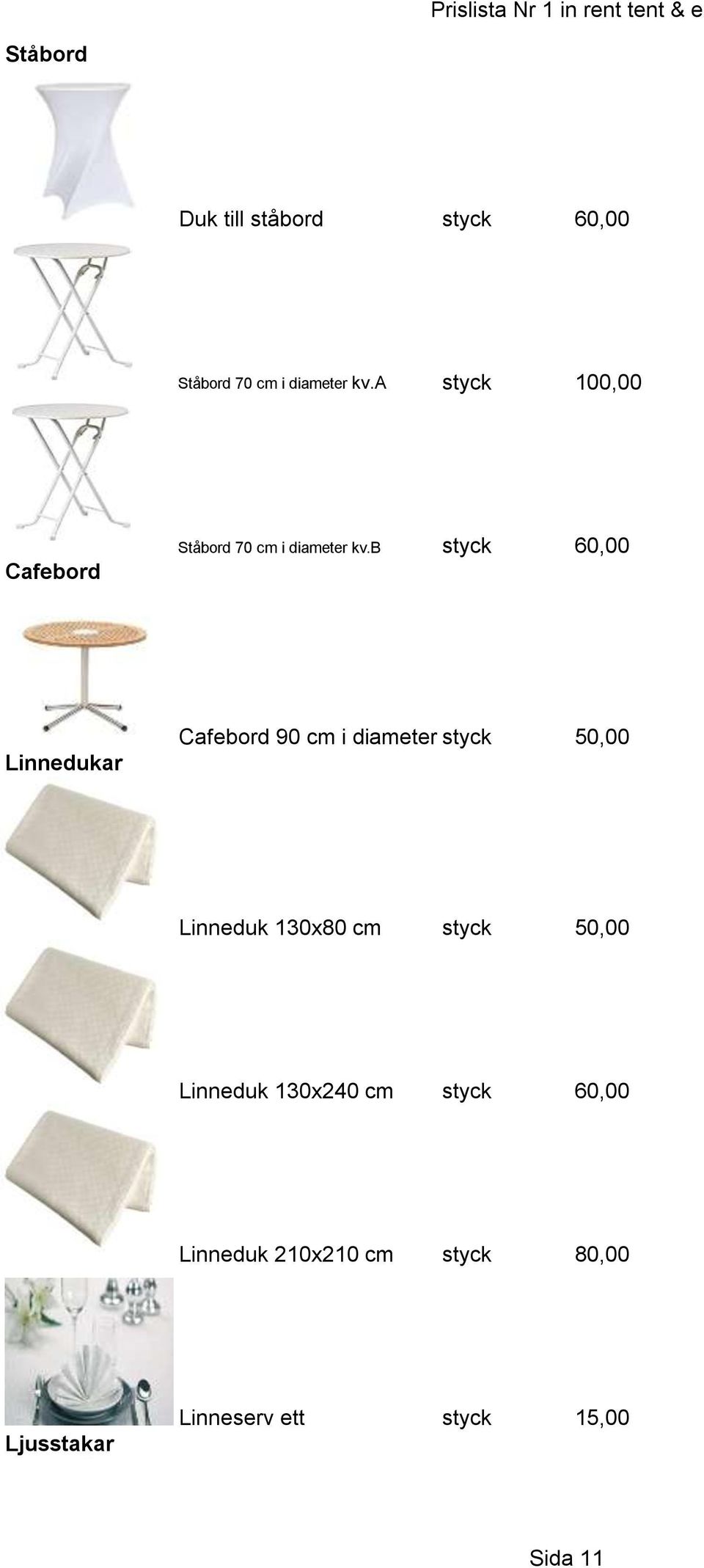 b styck 60,00 Linnedukar Cafebord 90 cm i diameter styck 50,00 Linneduk 130x80