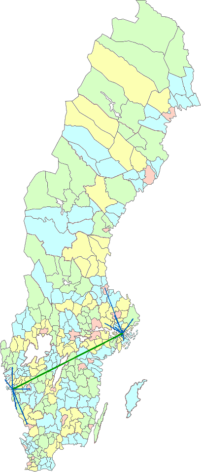 Direkta tåg mellan Göteborg och Stockholm Totalt flöde: 321 000 ton/år Österut: Västerut: Frekvens: 201 000 ton/år 120 000 ton/år 4,8 avgångar/vecka österut Medelbeläggning: 80 % (västerut 60 %)