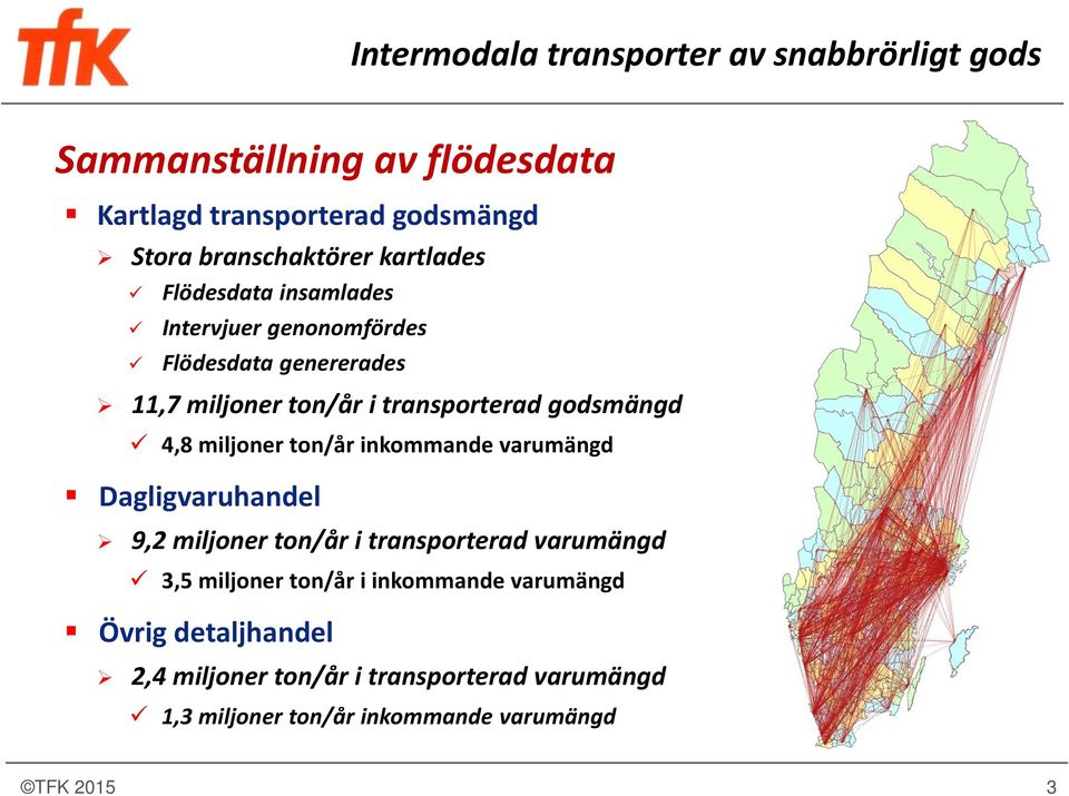 inkommande varumängd Dagligvaruhandel 9,2 miljoner ton/år i transporterad varumängd 3,5 miljoner ton/år i inkommande