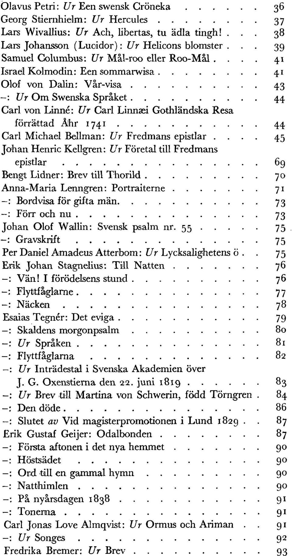 ... 41 Israel Kolmodin: Een sommarwisa 41 Olof von Dalin: Vår-visa 43 -: Ur Om Swenska Språket 44 Carl von Linné: Ur Carl Linna^i Gothländska Resa förrättad Åhr 1741 44 Carl Michael Bellman: Ur