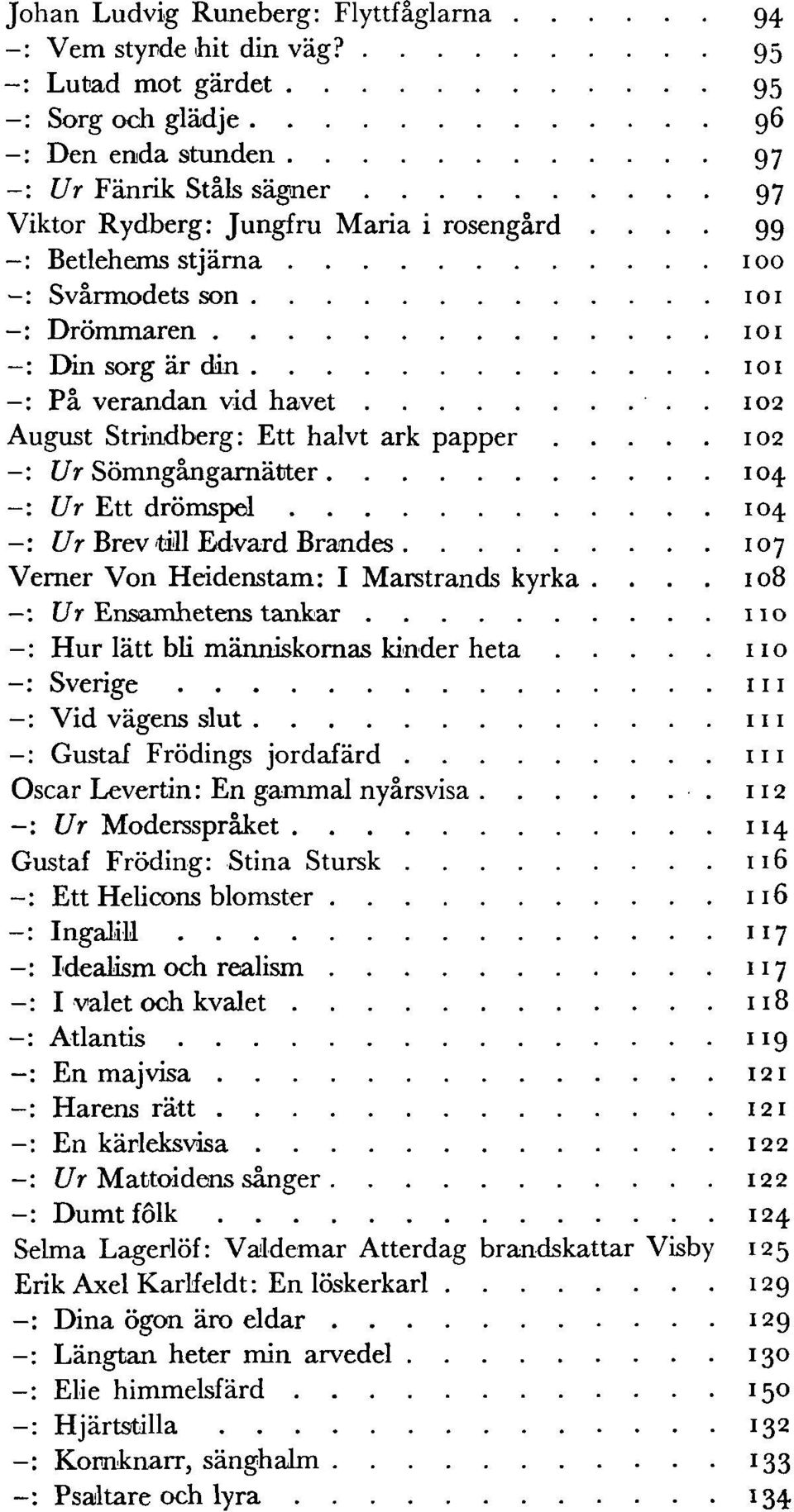 102 August Strindberg: Ett halvt ark papper 102 Ur Sömngångarnätter 104 Ur Ett drömspel 104 Ur Brev till Edvard Brändes 107 Verner Von Heidenstam: I Marstrands kyrka.