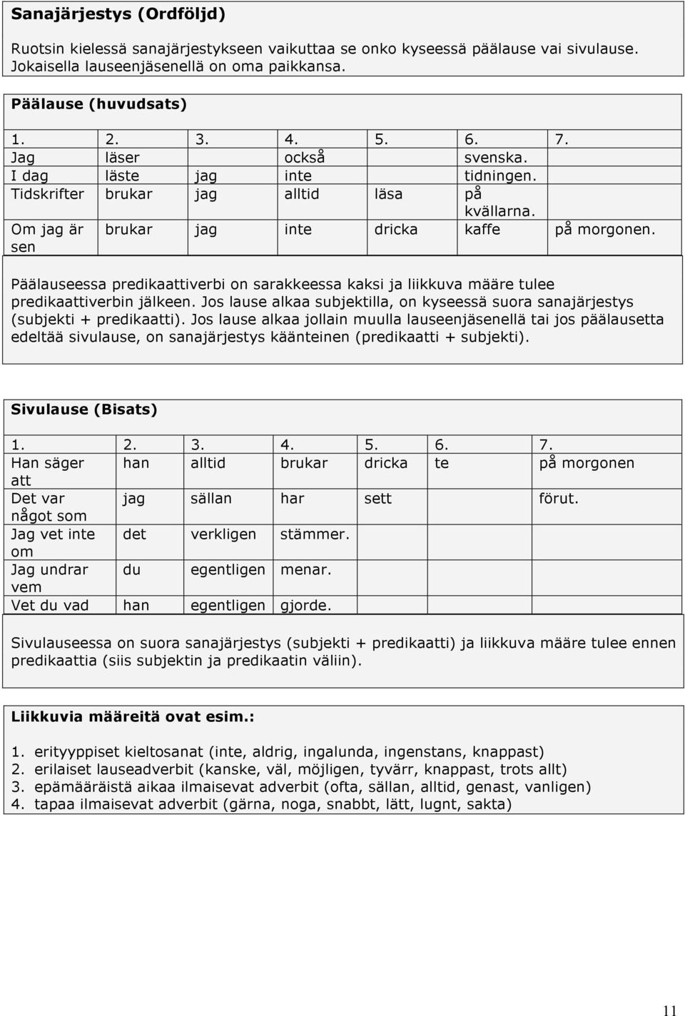 Päälauseessa predikaattiverbi on sarakkeessa kaksi ja liikkuva määre tulee predikaattiverbin jälkeen. Jos lause alkaa subjektilla, on kyseessä suora sanajärjestys (subjekti + predikaatti).