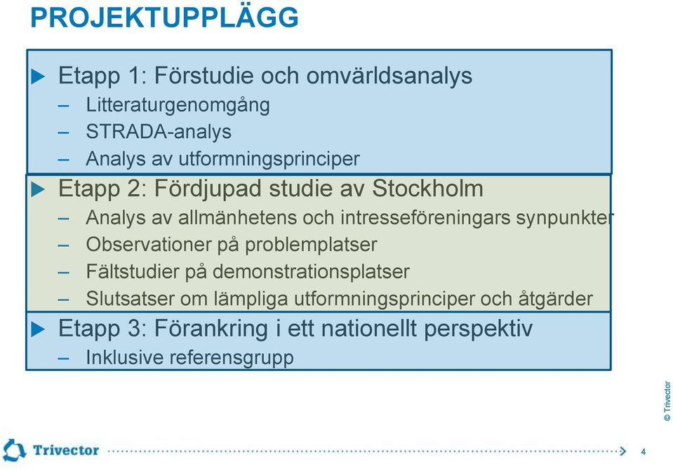 intresseföreningars synpunkter Observationer på problemplatser Fältstudier på demonstrationsplatser