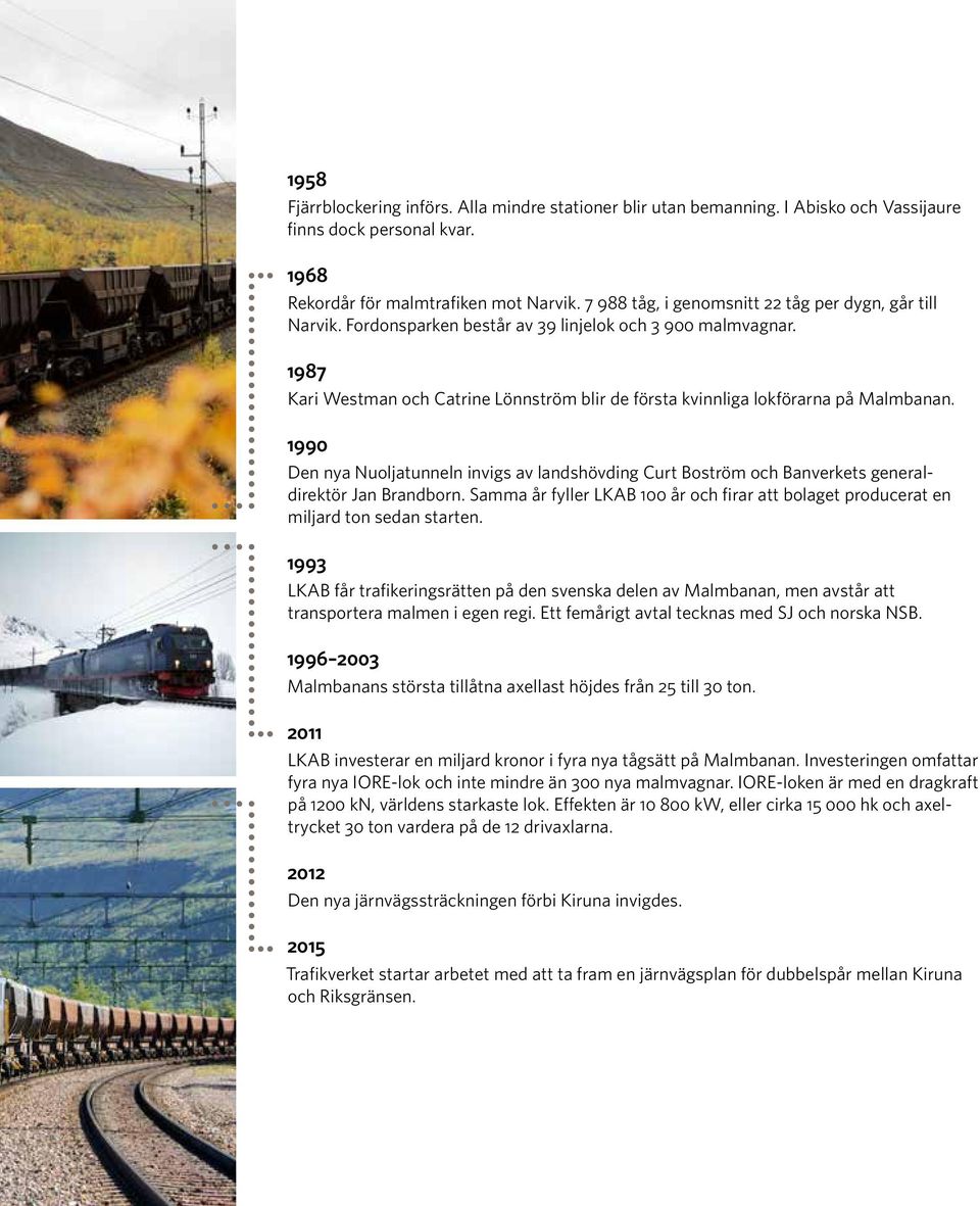 1987 Kari Westman och Catrine Lönnström blir de första kvinnliga lokförarna på Malmbanan. 1990 Den nya Nuoljatunneln invigs av landshövding Curt Boström och Banverkets generaldirektör Jan Brandborn.