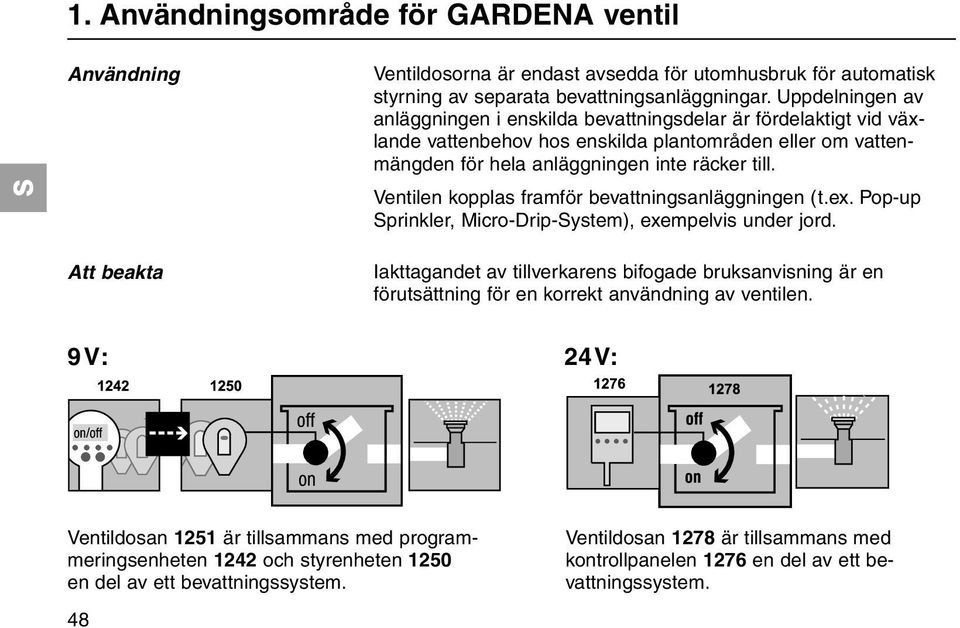 Ventilen kopplas framför bevattningsanläggningen (t.ex. Pop-up prinkler, Micro-Drip-ystem), exempelvis under jord.