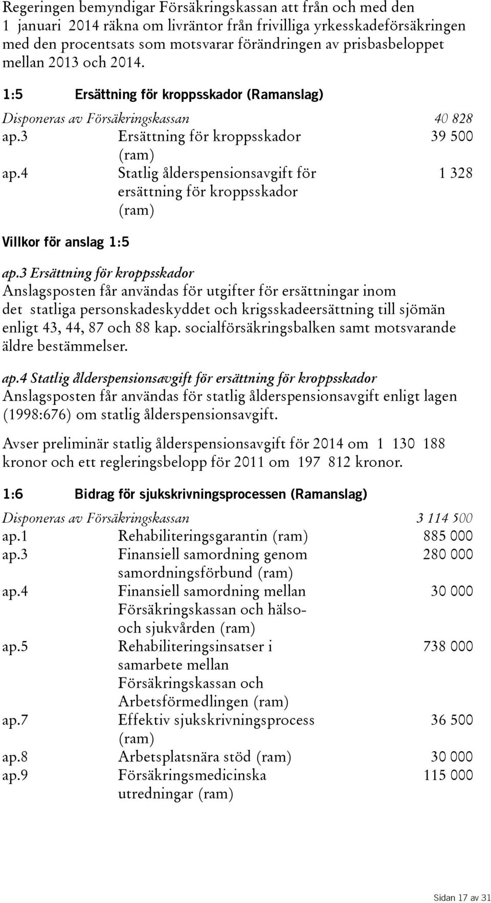 4 Statlig ålderspensionsavgift för ersättning för kroppsskador (ram) 1328 Villkor för anslag 1:5 ap.