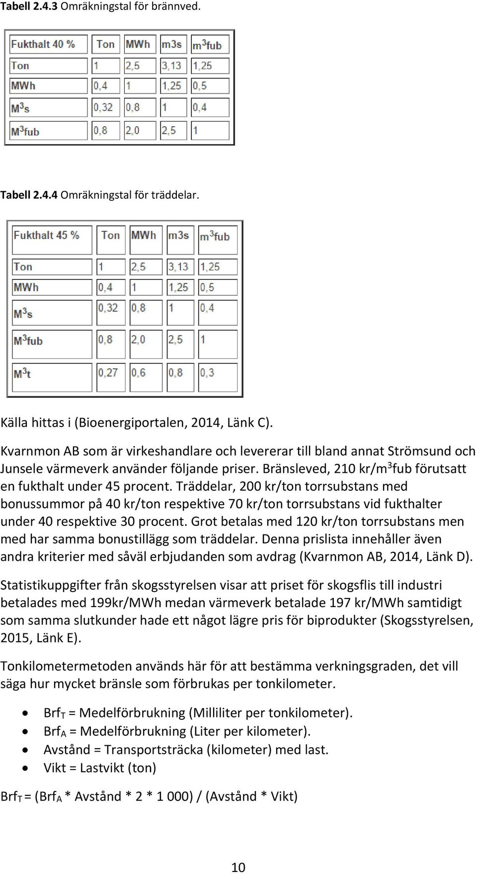 Träddelar, 200 kr/ton torrsubstans med bonussummor på 40 kr/ton respektive 70 kr/ton torrsubstans vid fukthalter under 40 respektive 30 procent.