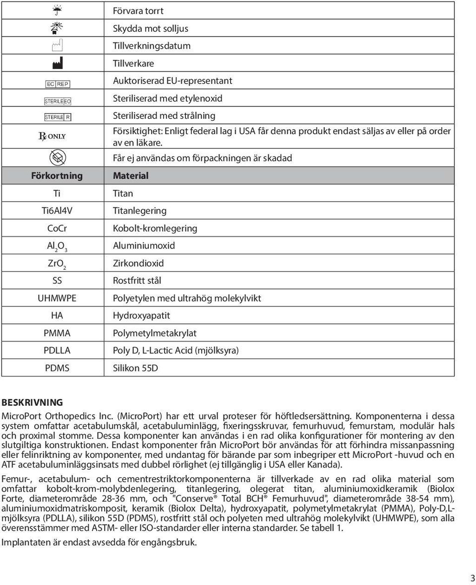 Får ej användas om förpackningen är skadad Material Titan Titanlegering Kobolt-kromlegering Aluminiumoxid Zirkondioxid Rostfritt stål Polyetylen med ultrahög molekylvikt Hydroxyapatit
