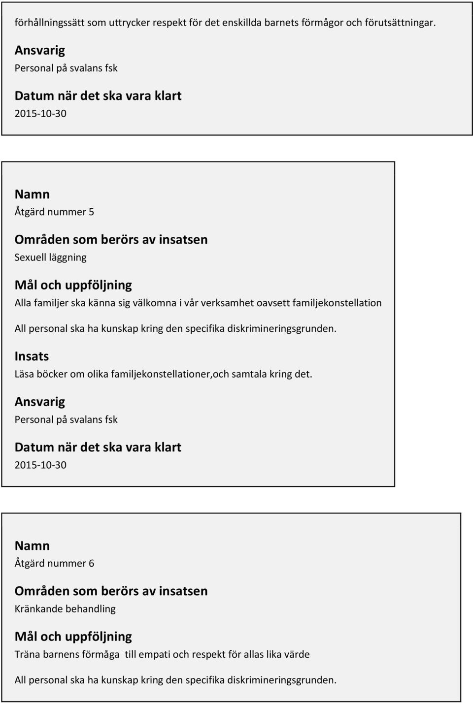 personal ska ha kunskap kring den specifika diskrimineringsgrunden. Insats Läsa böcker om olika familjekonstellationer,och samtala kring det.