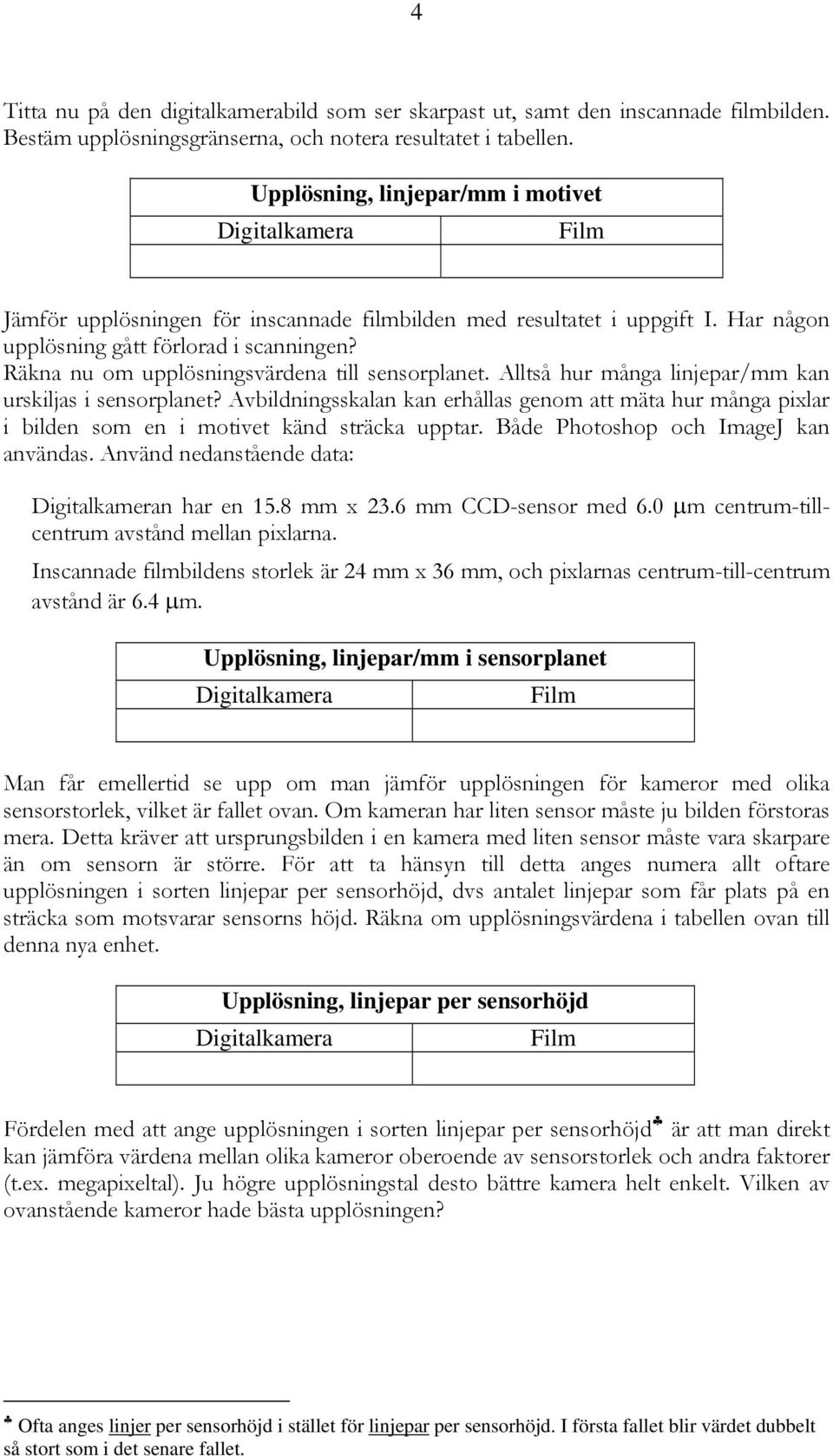 Räkna nu om upplösningsvärdena till sensorplanet. Alltså hur många linjepar/mm kan urskiljas i sensorplanet?