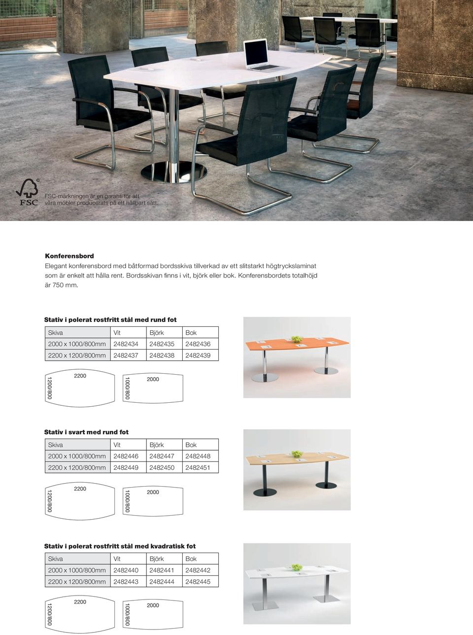 Konferensbordets totalhöjd är 750 mm.