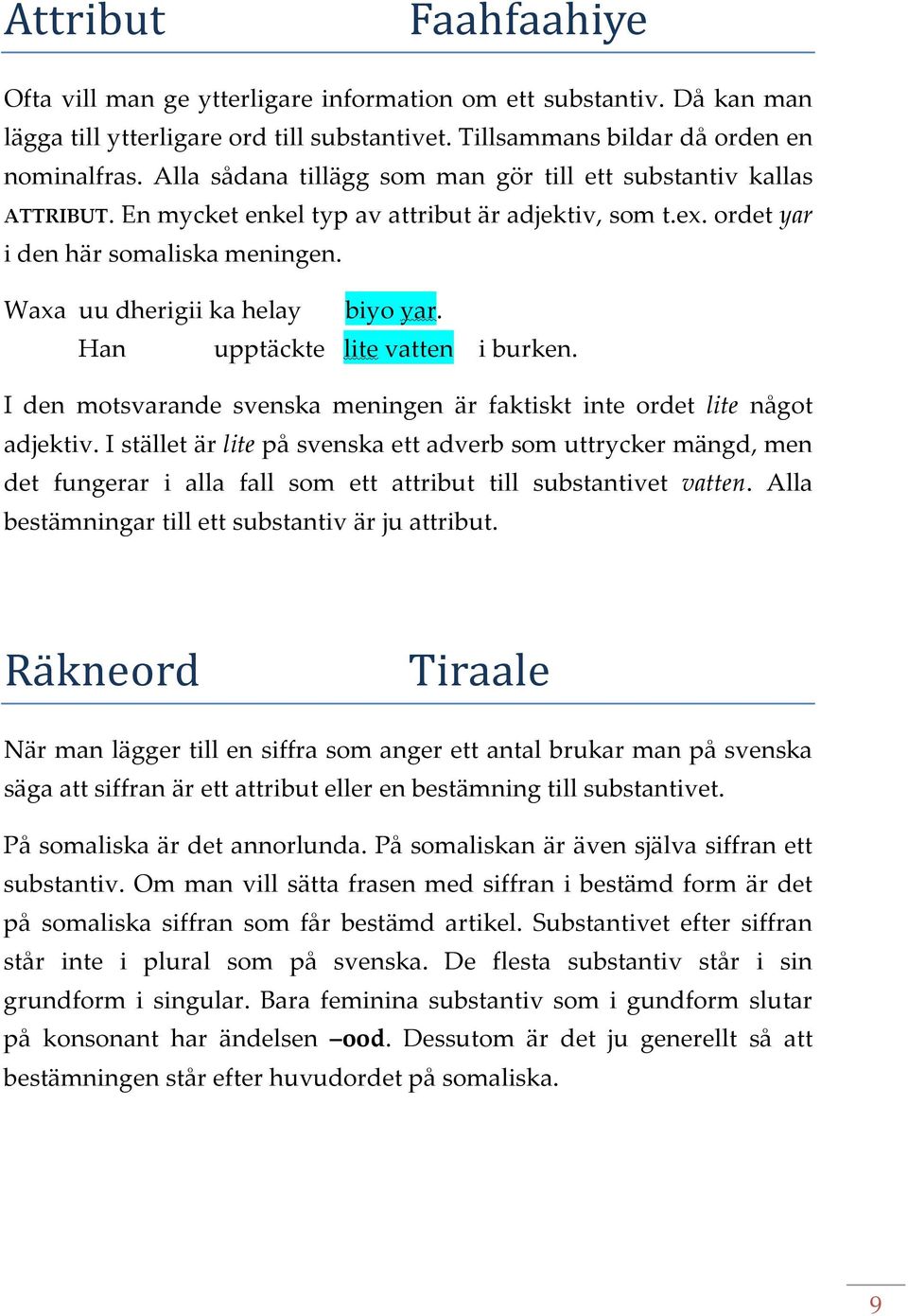 Han upptäckte lite vatten i burken. I den motsvarande svenska meningen är faktiskt inte ordet lite något adjektiv.