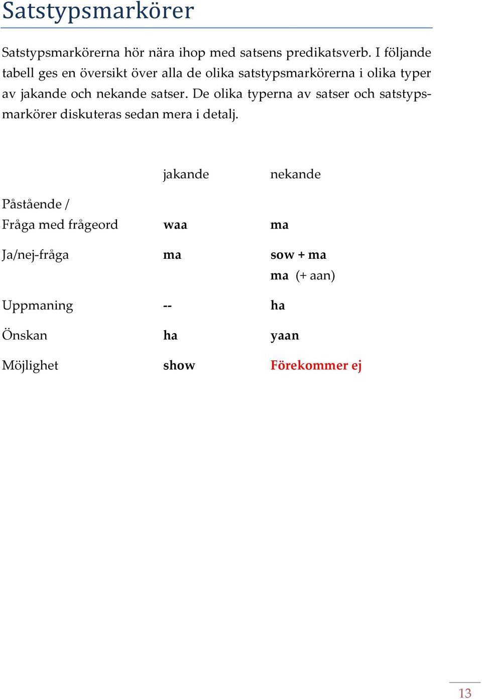nekande satser. De olika typerna av satser och satstypsmarkörer diskuteras sedan mera i detalj.