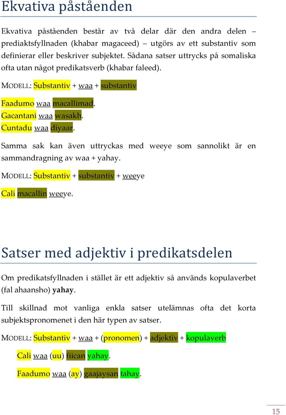 Samma sak kan även uttryckas med weeye som sannolikt är en sammandragning av waa + yahay. MODELL: Substantiv + substantiv + weeye Cali macallin weeye.