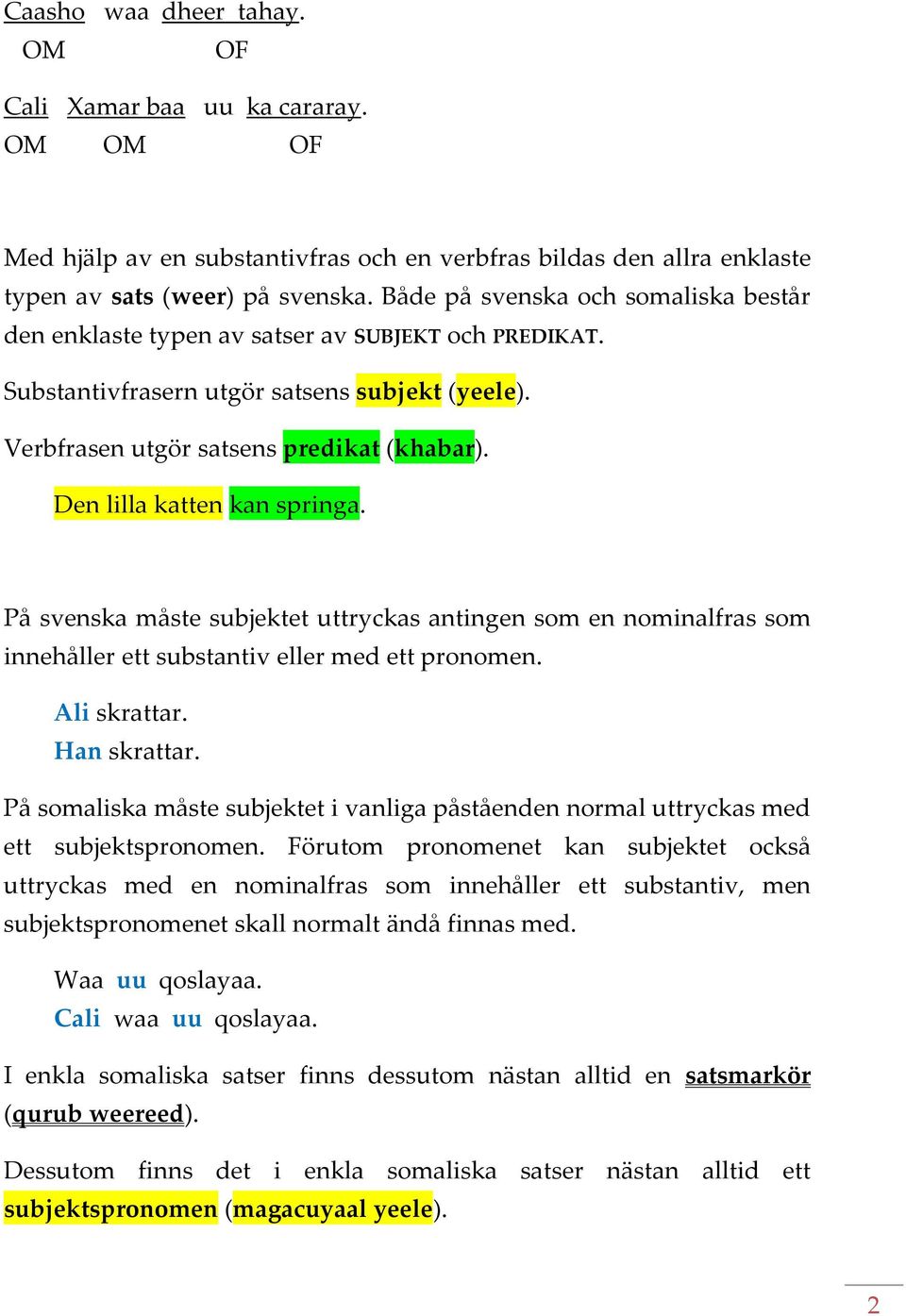 Den lilla katten kan springa. På svenska måste subjektet uttryckas antingen som en nominalfras som innehåller ett substantiv eller med ett pronomen. Ali skrattar. Han skrattar.
