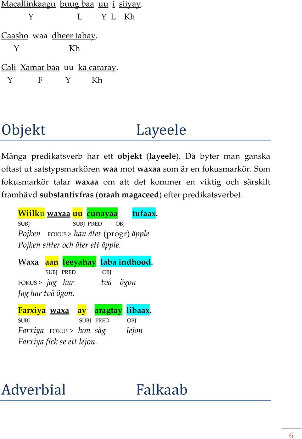 Som fokusmarkör talar waxaa om att det kommer en viktig och särskilt framhävd substantivfras (oraah magaceed) efter predikatsverbet. Wiilku waxaa uu cunayaa tufaax.