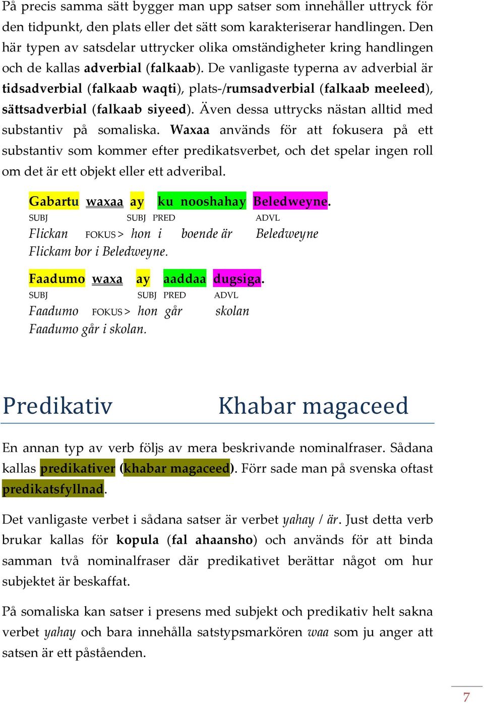 De vanligaste typerna av adverbial är tidsadverbial (falkaab waqti), plats-/rumsadverbial (falkaab meeleed), sättsadverbial (falkaab siyeed).