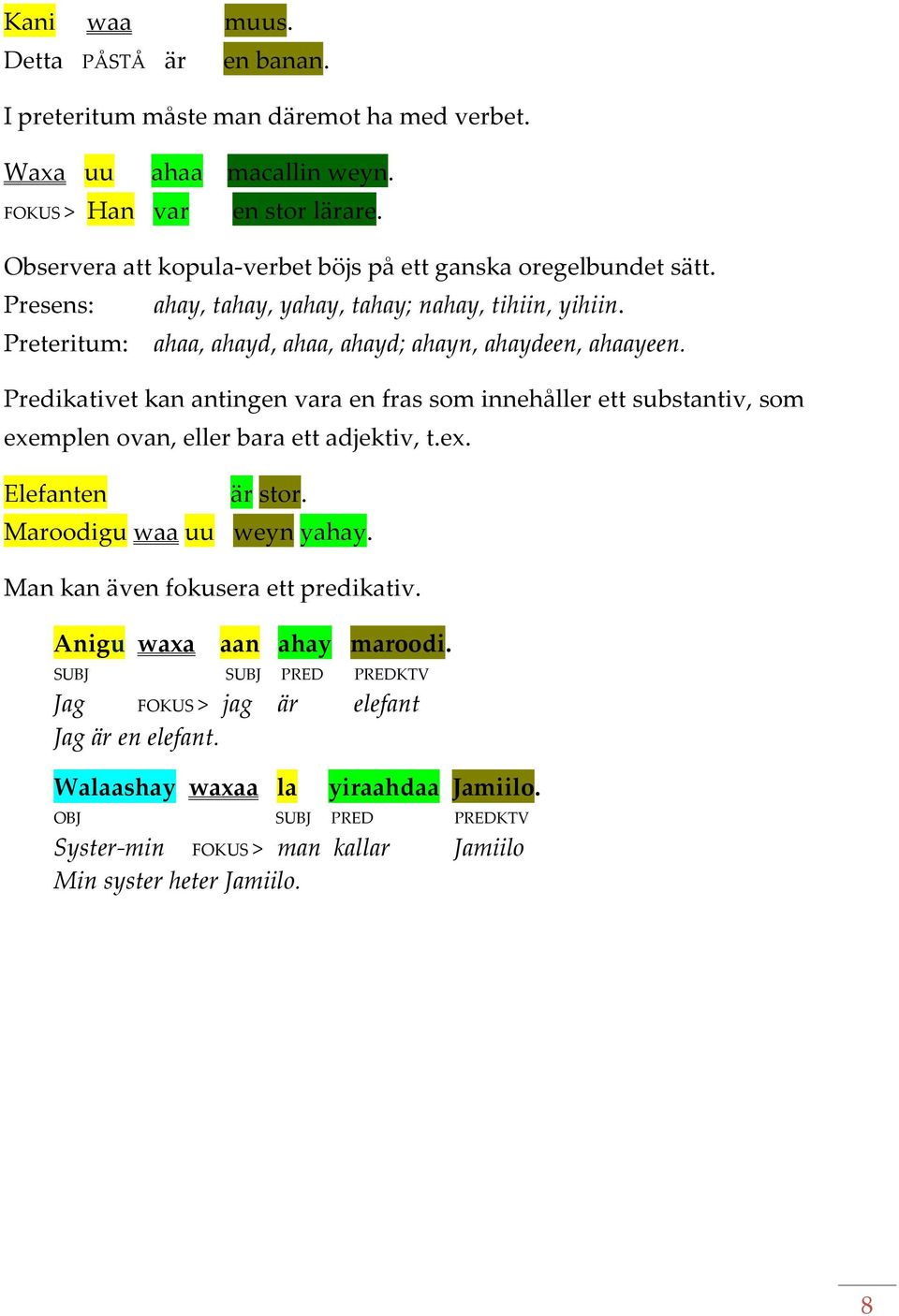 Predikativet kan antingen vara en fras som innehåller ett substantiv, som exemplen ovan, eller bara ett adjektiv, t.ex. Elefanten är stor. Maroodigu waa uu weyn yahay.