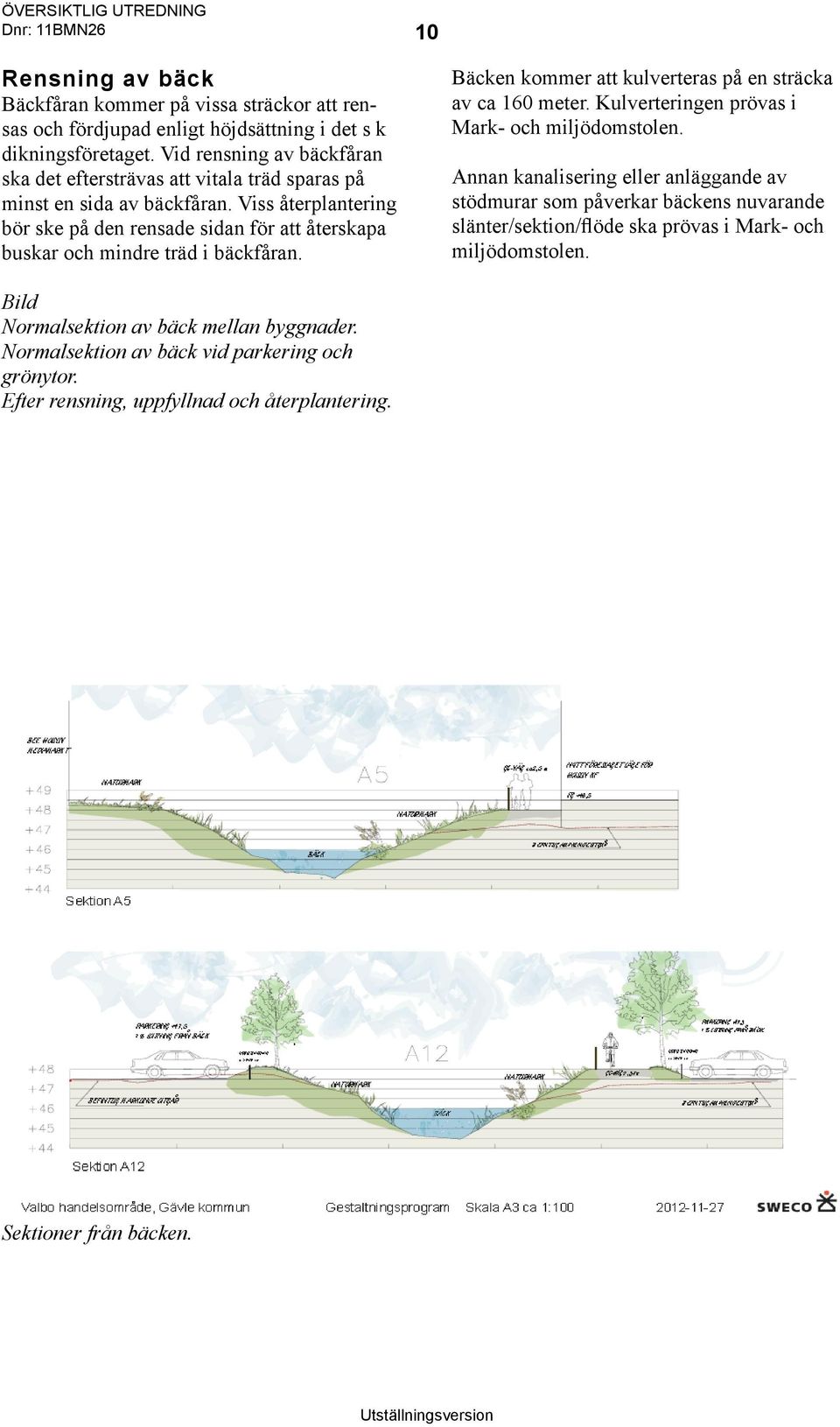 Viss återplantering bör ske på den rensade sidan för att återskapa buskar och mindre träd i bäckfåran. Bäcken kommer att kulverteras på en sträcka av ca 160 meter.