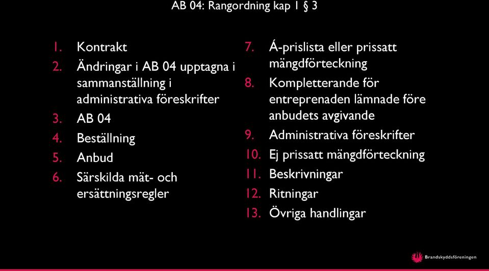 Anbud 6. Särskilda mät- och ersättningsregler 7. Á-prislista eller prissatt mängdförteckning 8.