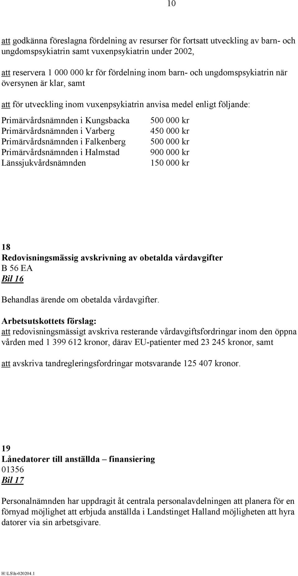 Primärvårdsnämnden i Falkenberg 500 000 kr Primärvårdsnämnden i Halmstad 900 000 kr Länssjukvårdsnämnden 150 000 kr 18 Redovisningsmässig avskrivning av obetalda vårdavgifter B 56 EA Bil 16 Behandlas