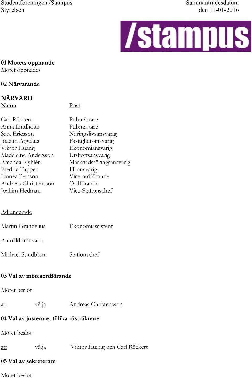 Marknadsföringsansvarig IT-ansvarig Vice ordförande Ordförande Vice-Stationschef Adjungerade Martin Grandelius Ekonomiassistent Anmäld frånvaro Michael Sundblom Stationschef