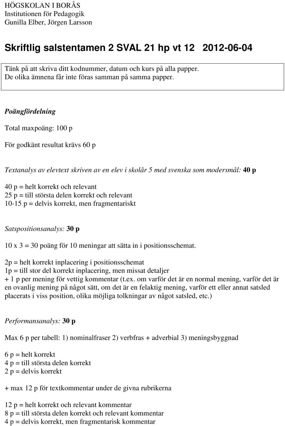 Poängfördelning Total maxpoäng: 100 p För godkänt resultat krävs 60 p Textanalys av elevtext skriven av en elev i skolår 5 med svenska som modersmål: 40 p 40 p = helt korrekt och relevant 25 p = till