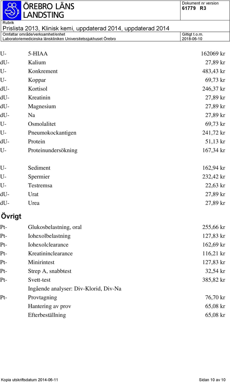 Övrigt Pt- Glukosbelastning, oral 255,66 kr Pt- Iohexolbelastning 127,83 kr Pt- Iohexolclearance 162,69 kr Pt- Kreatininclearance 116,21 kr Pt- Minirintest 127,83 kr Pt- Strep A, snabbtest