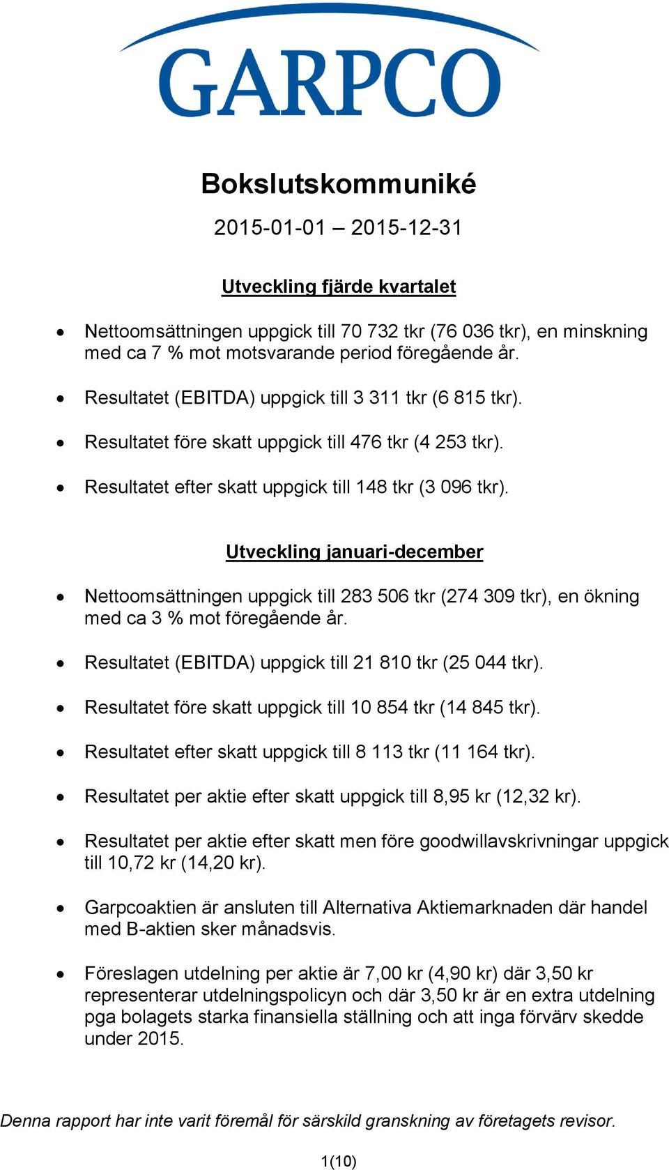 Utveckling januari-december Nettoomsättningen uppgick till 283 506 tkr (274 309 tkr), en ökning med ca 3 % mot föregående år. Resultatet (EBITDA) uppgick till 21 810 tkr (25 044 tkr).