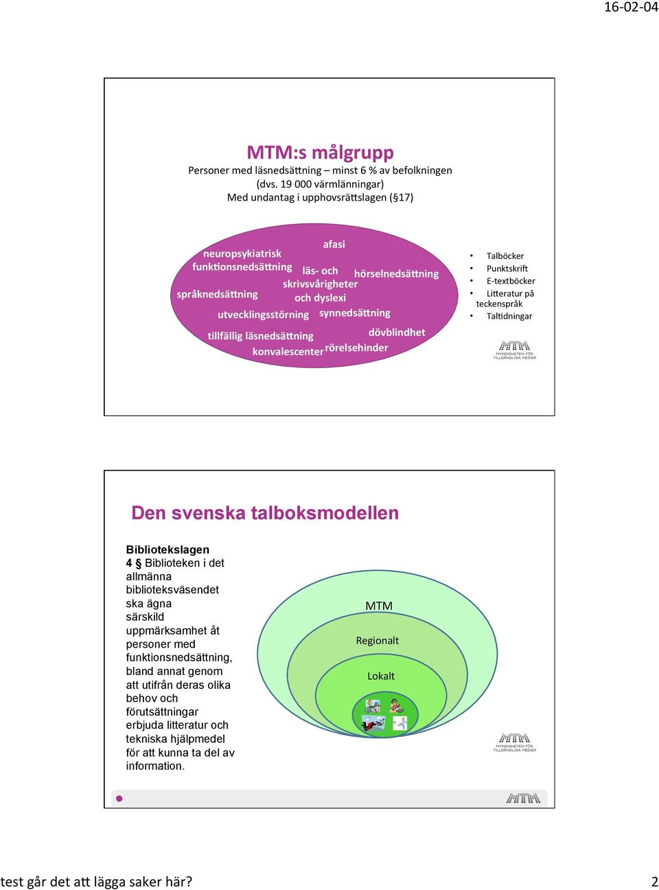 synnedsä9ning tillfällig läsnedsä9ning dövblindhet konvalescenter rörelsehinder Talböcker PunktskriK Etextböcker Li0eratur på teckenspråk Tal?