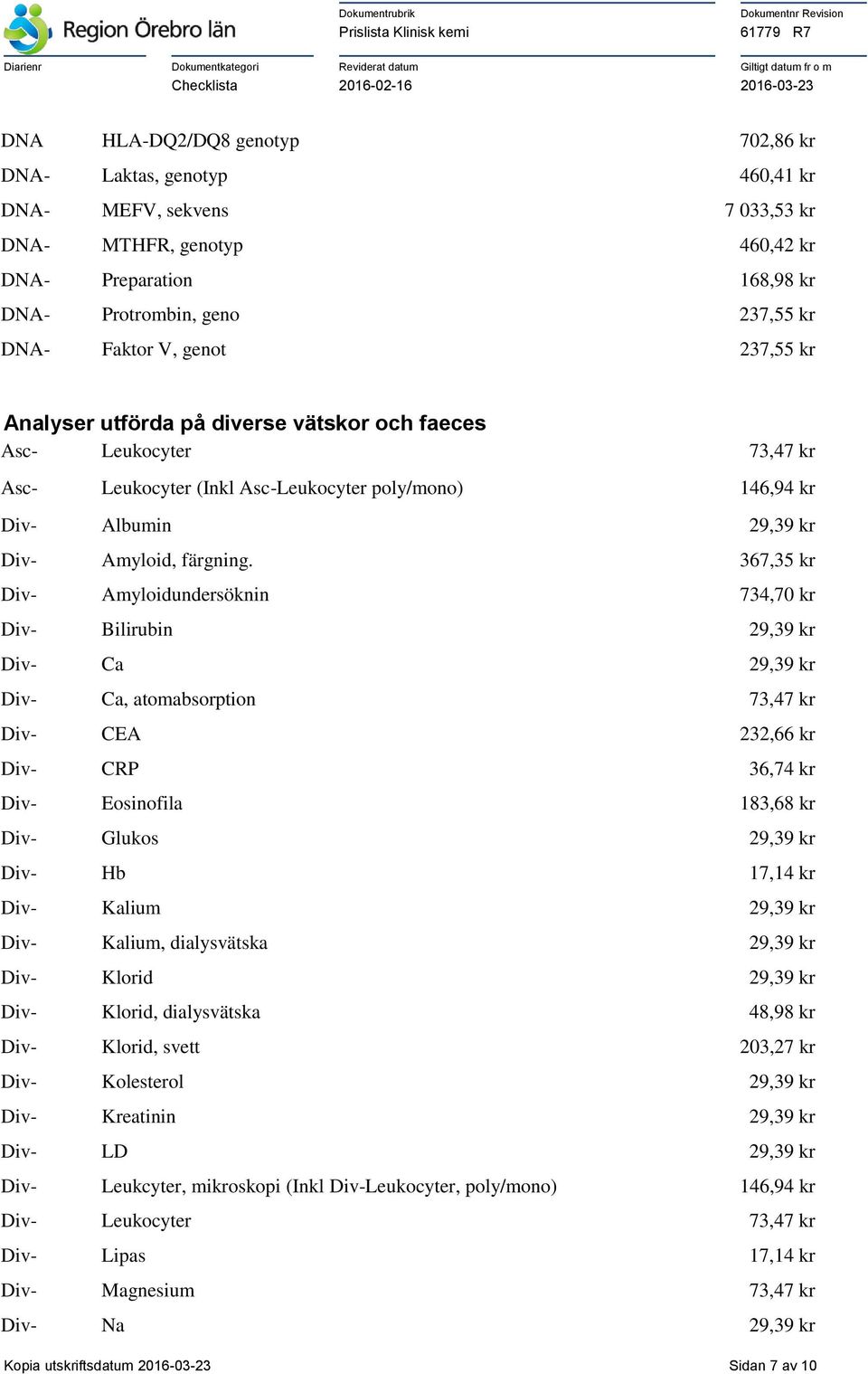 367,35 kr Div- Amyloidundersöknin 734,70 kr Div- Bilirubin 29,39 kr Div- Ca 29,39 kr Div- Ca, atomabsorption 73,47 kr Div- CEA 232,66 kr Div- CRP 36,74 kr Div- Eosinofila 183,68 kr Div- Glukos 29,39