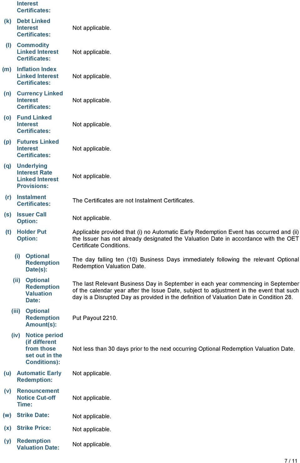 Holder Put Option: (i) Optional Redemption Date(s): (ii) Optional Redemption Valuation Date: (iii) Optional Redemption Amount(s): (iv) Notice period (if different from those set out in the