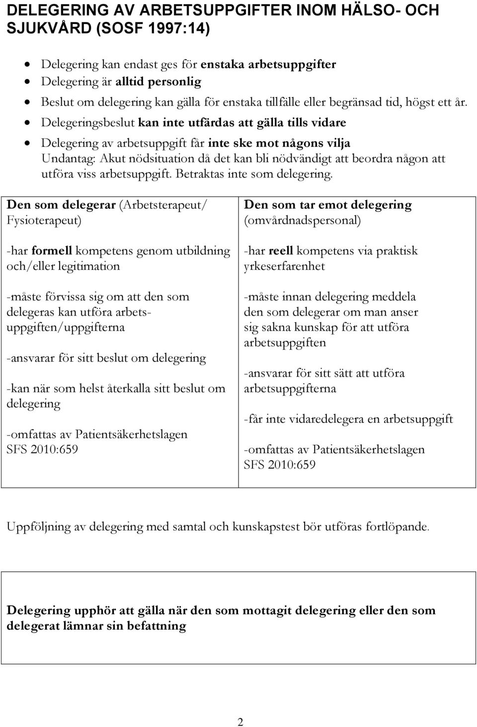 Delegeringsbeslut kan inte utfärdas att gälla tills vidare Delegering av arbetsuppgift får inte ske mot någons vilja Undantag: Akut nödsituation då det kan bli nödvändigt att beordra någon att utföra