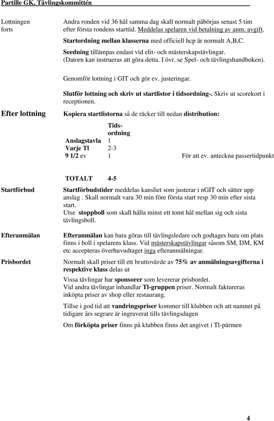 se Spel- och tävlingshandboken). Genomför lottning i GIT och gör ev. justeringar. Efter lottning Slutför lottning och skriv ut startlistor i tidsordning-. Skriv ut scorekort i receptionen.