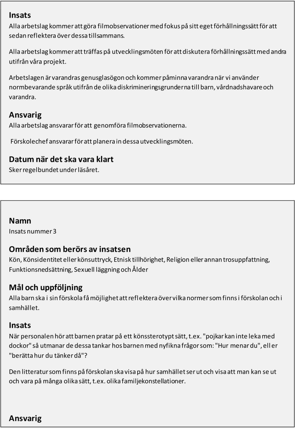 Arbetslagen är varandras genusglasögon och kommer påminna varandra när vi använder normbevarande språk utifrån de olika diskrimineringsgrunderna till barn, vårdnadshavare och varandra.