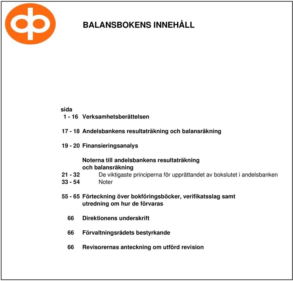 upprättandet av bokslutet i andelsbanken 33-54 Noter 55-65 Förteckning över bokföringsböcker, verifikatsslag samt
