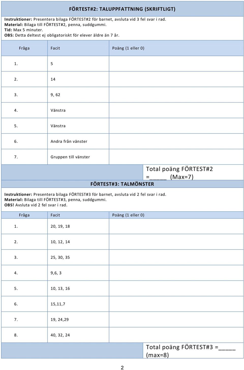 Gruppen till vänster Total poäng FÖRTEST#2 = (Max=7) FÖRTEST#3: TALMÖNSTER Instruktioner: Presentera bilaga FÖRTEST#3 för barnet, avsluta vid 2 fel svar i rad.